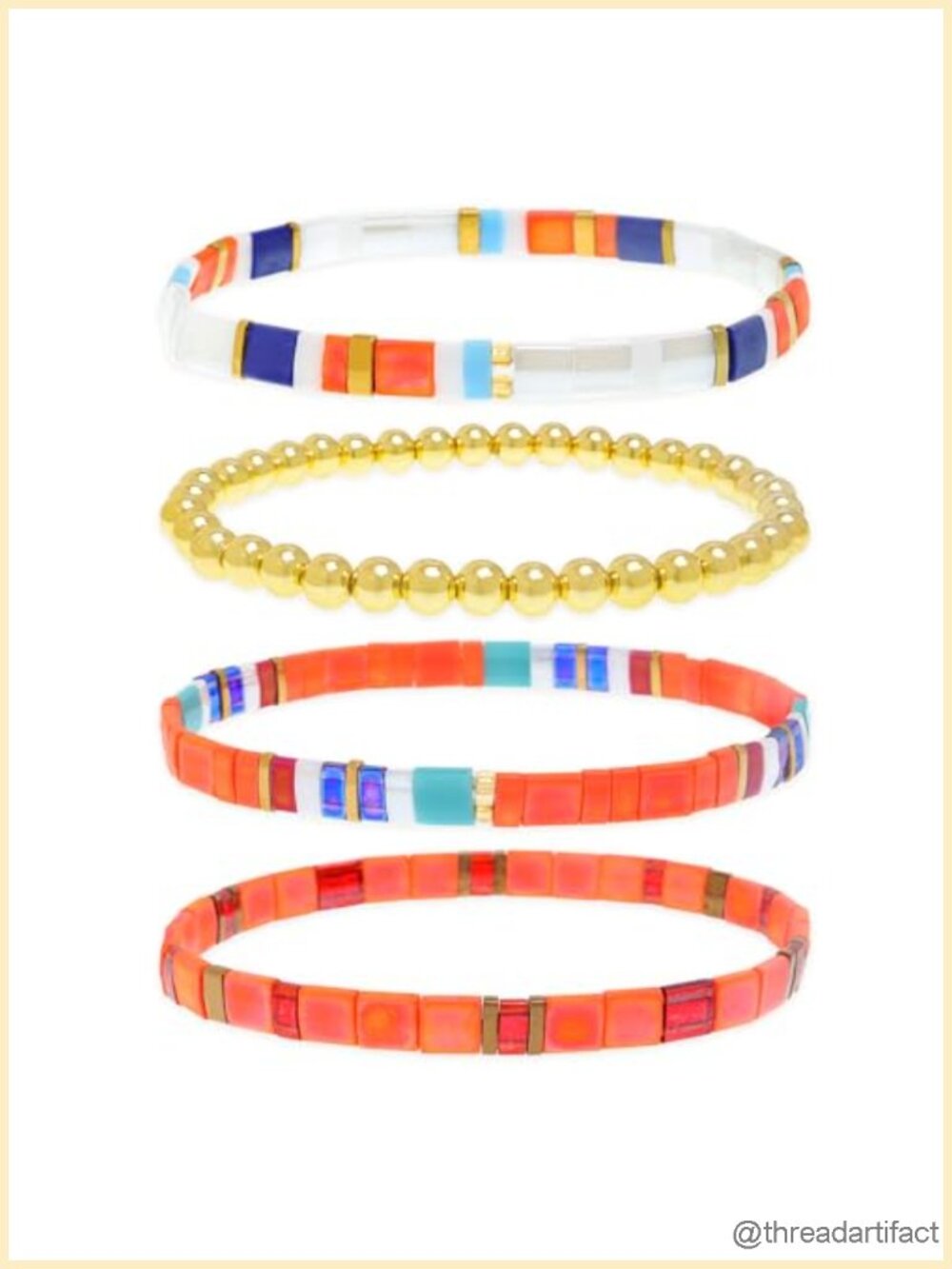 Flat Gold Beaded Bracelets Stretch Set for Women, Handmade Glass Square Beads